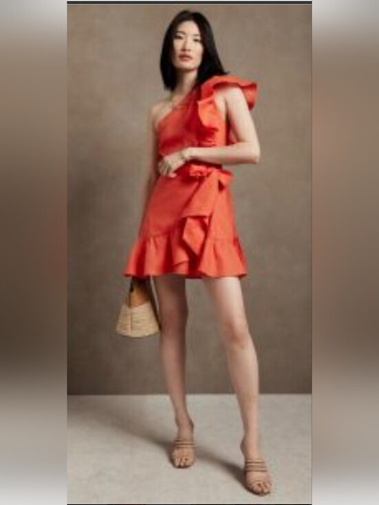Banana Republic Dresses & Skirts - Banana Republic Coral Linen One-Shoulder Ruffle Mini Dress - Size 4